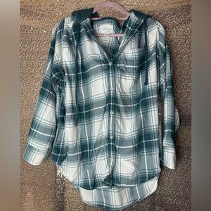 American Eagle Outfitters Green and White Plaid Shirt with Hood